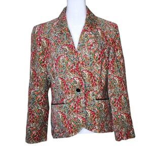 J Peterman Paisley Boho Velvet Blazer Womens Size 8 Red Multicolor